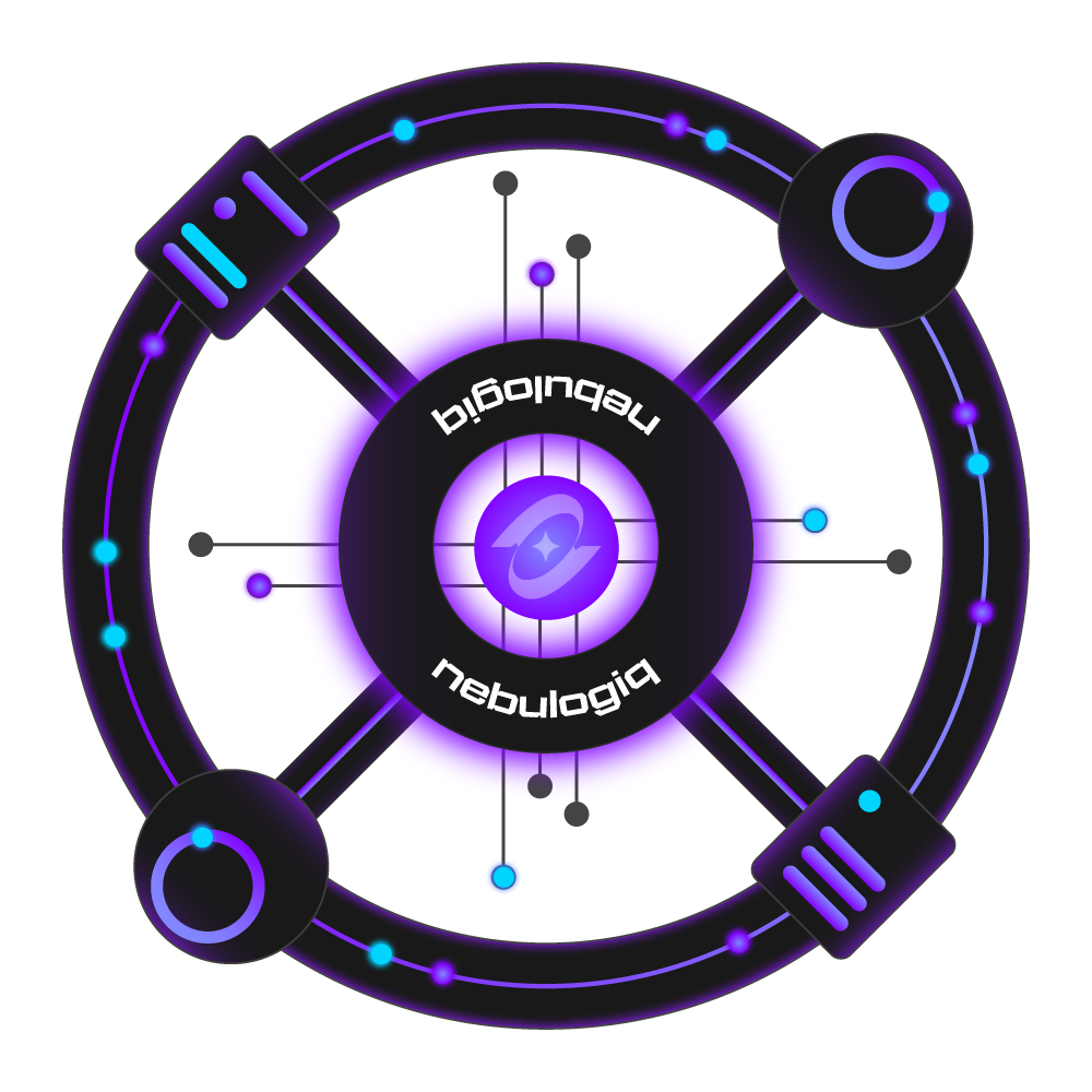 A digital illustration of a space station orbiting diagram, with the words "nebulogiq" at the centre, surrounded by interconnected nodes and lines, in a purple and black colour scheme.