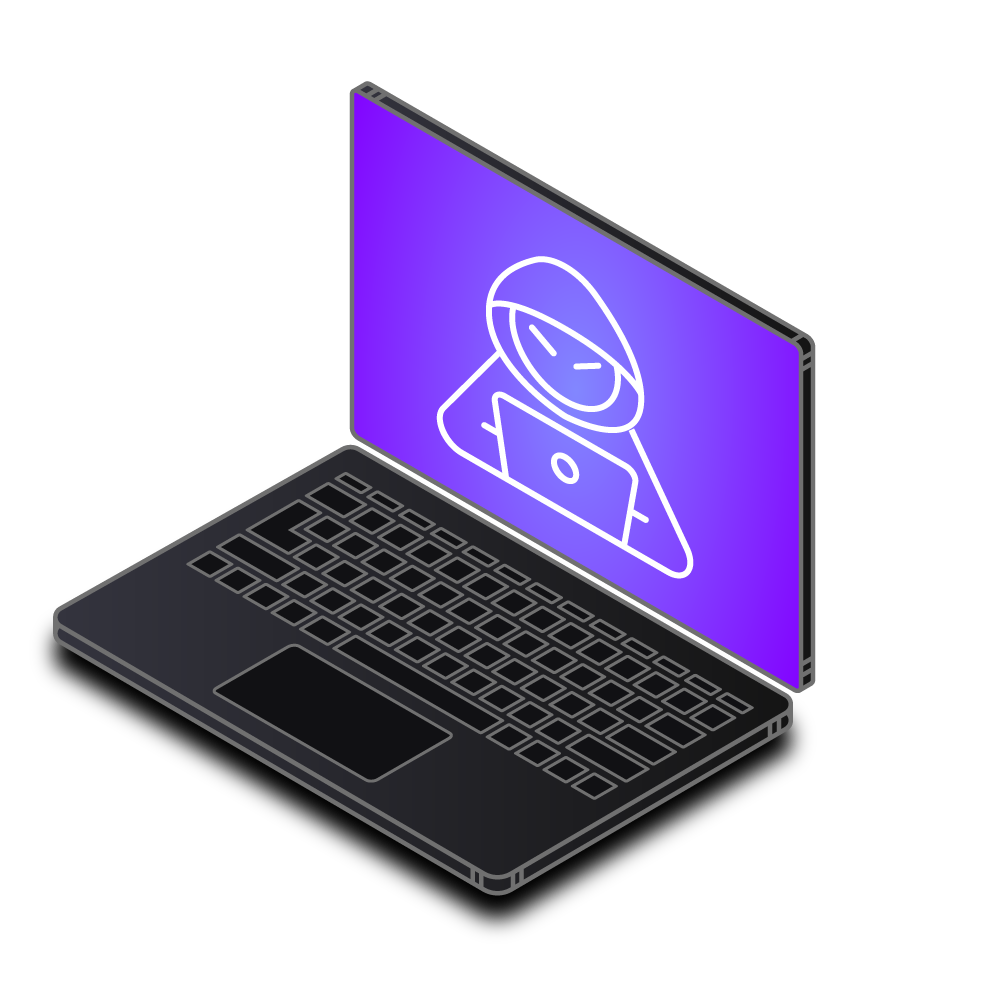 Illustration of a laptop with a neon screen displaying a hacker icon wearing a hoodie.