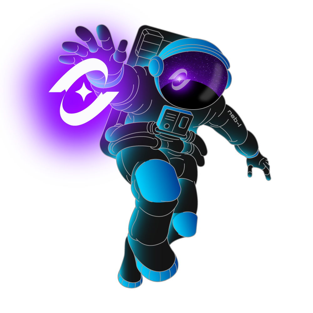 A digital illustration of an astronaut in a space suit reaching out towards a purple and white cosmic symbol, with a gradient purple background.