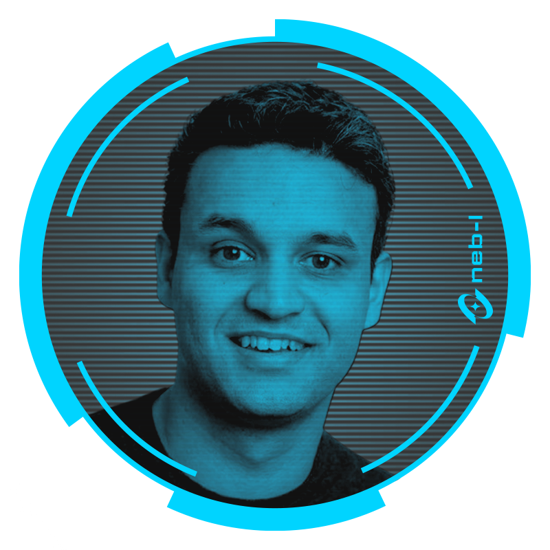 A digital portrait of Darren, a man with short hair, looking straight ahead, set against a futuristic, circular, tech-themed background in shades of blue.