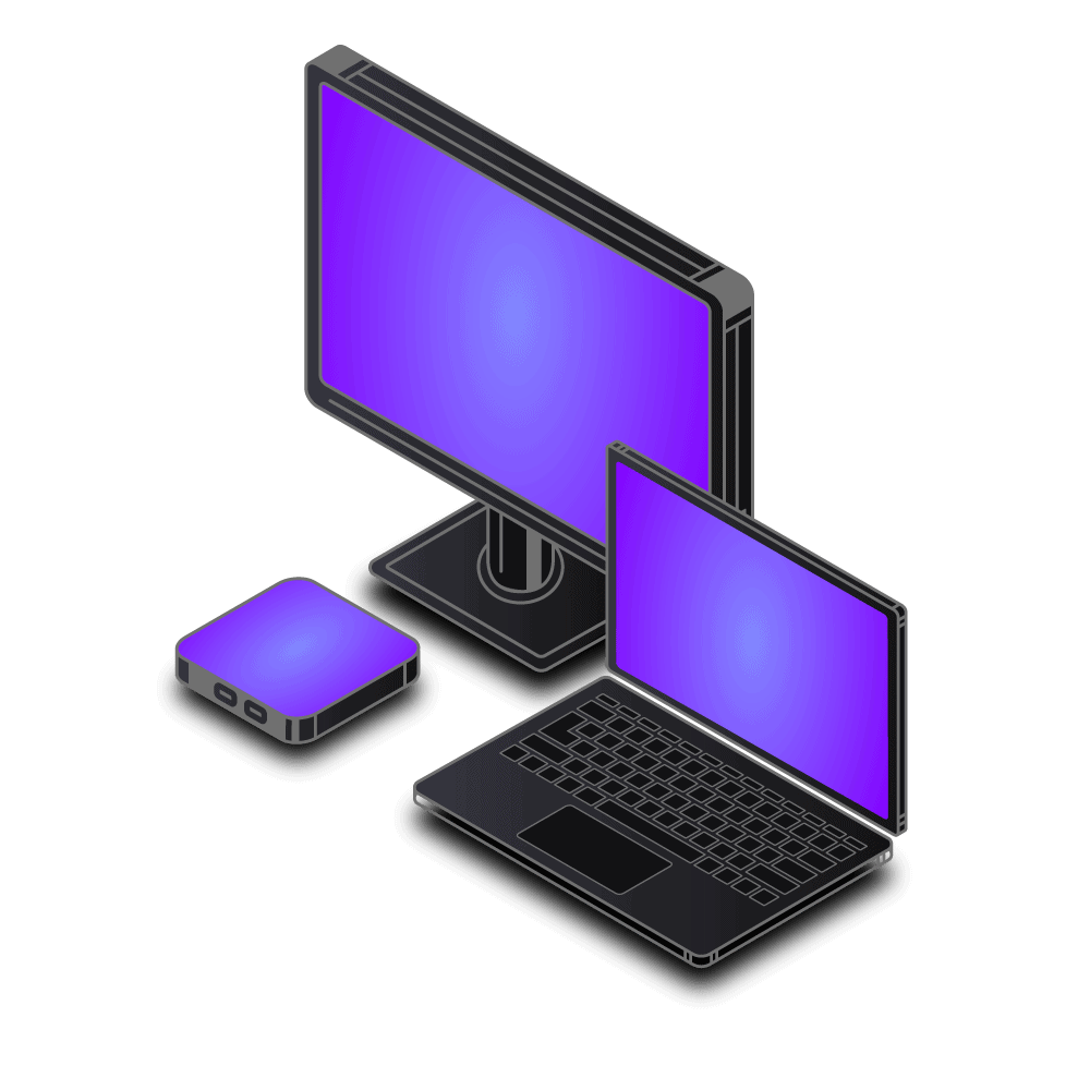 Isometric illustration of a laptop, a desktop monitor, and a smartphone with purple screens on a black background.