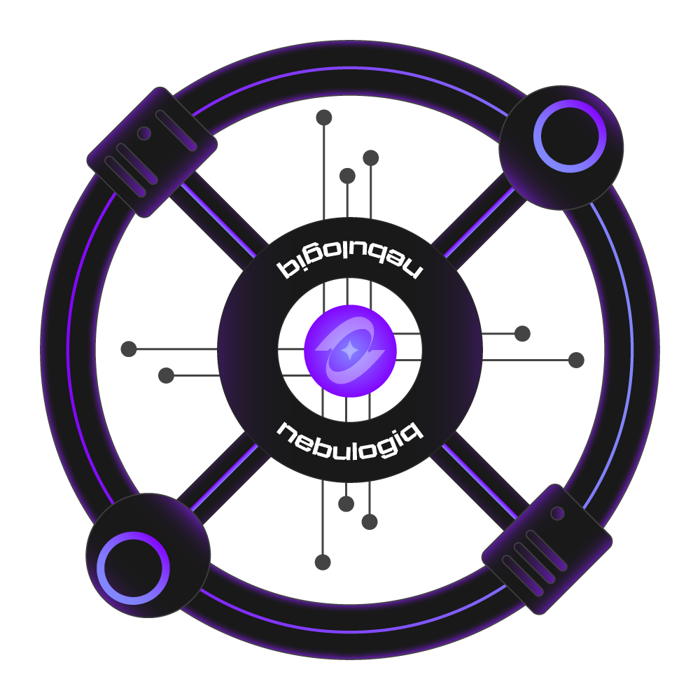 A digital illustration of a space station orbiting diagram, with the words "nebulogiq" at the centre, surrounded by interconnected nodes and lines, in a purple and black colour scheme.