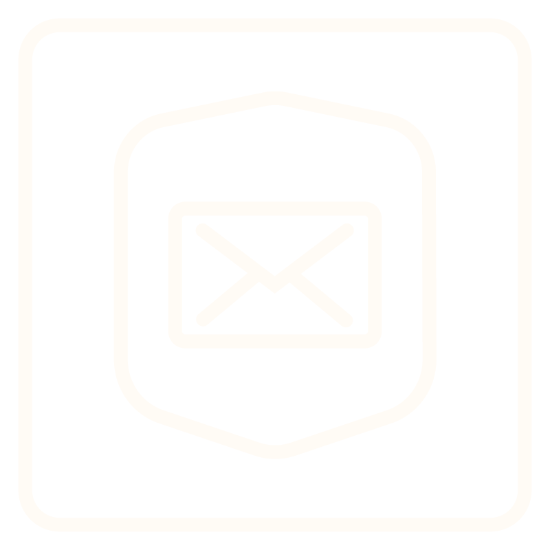 Icon of an envelope or email inside a rounded sheild with a black background.
