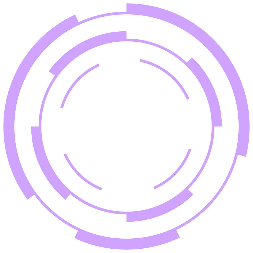 Futuristic digital interface with concentric circles and lines in purple on a black background.