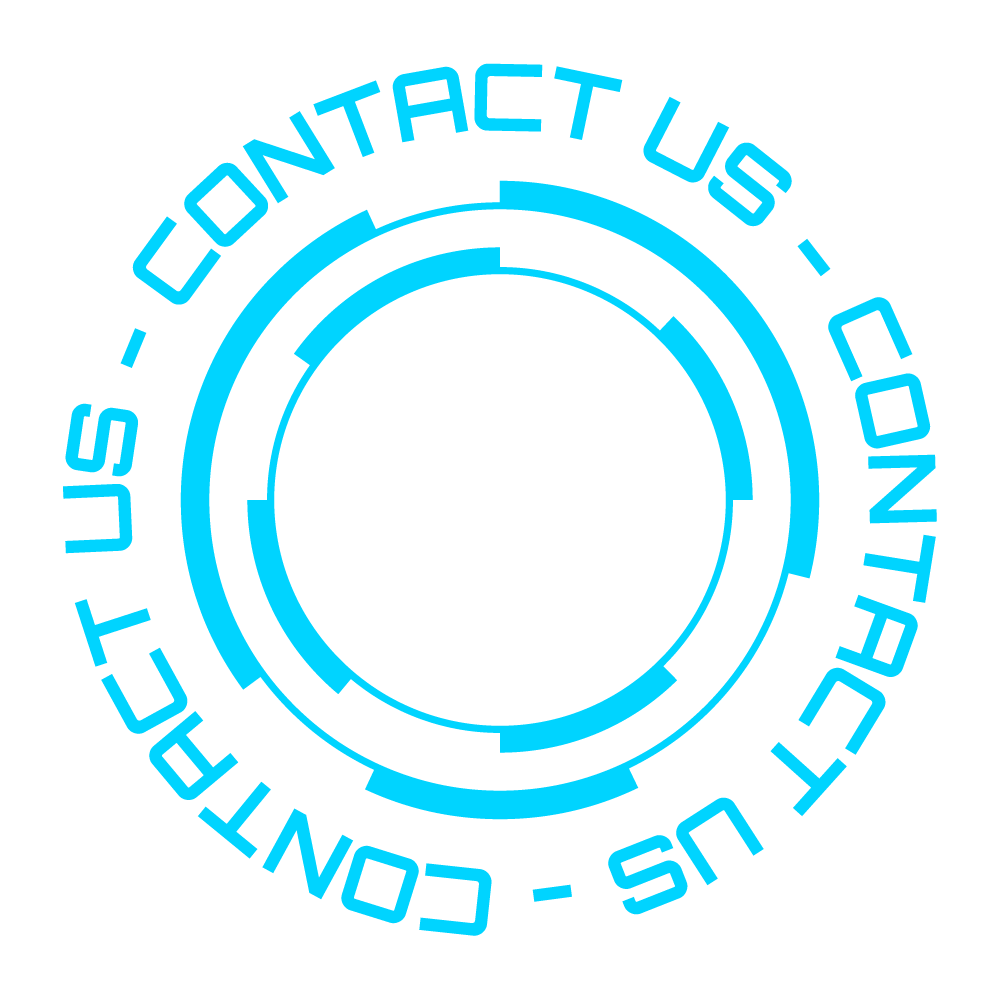Blue circular graphic with the words 'Contact us' and a central circle on a black background.