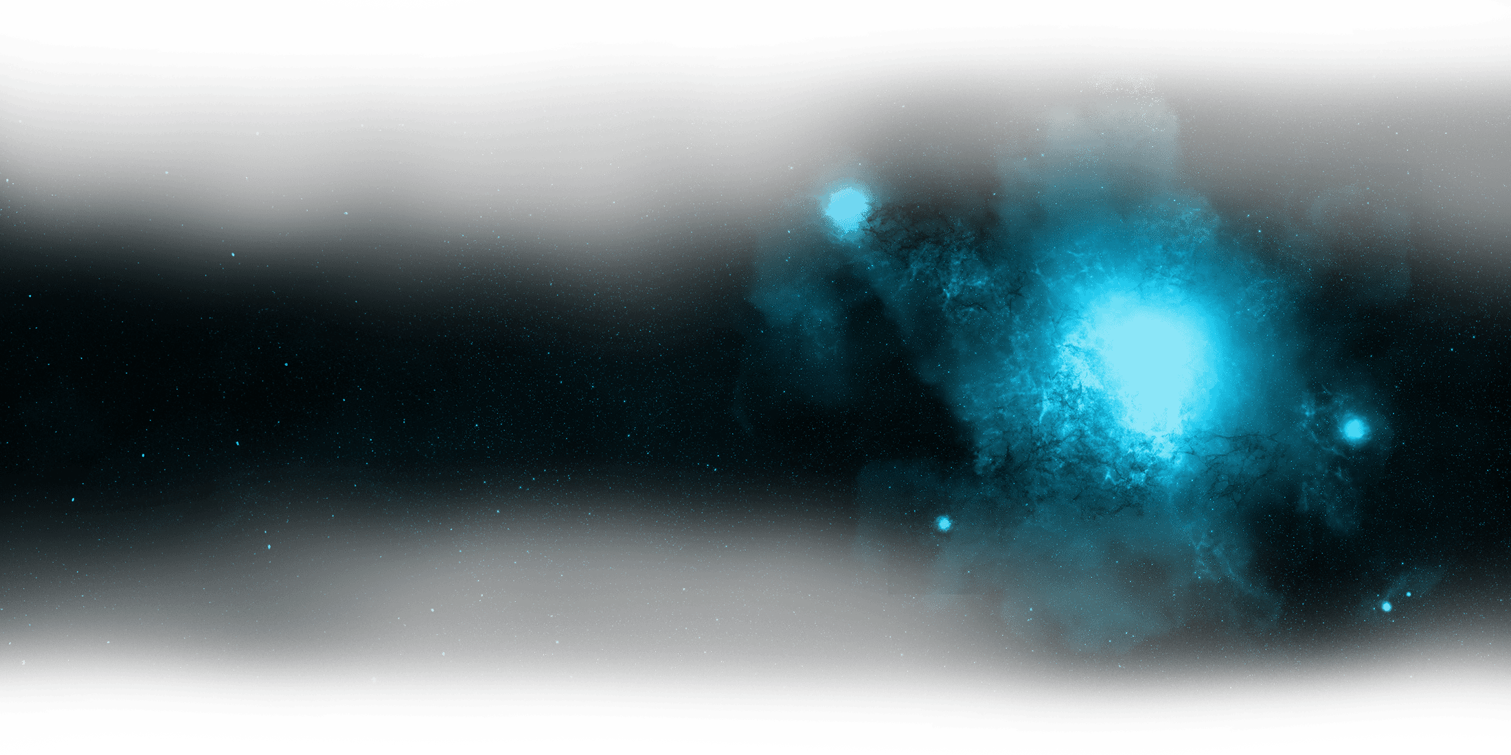 A deep space image of a bright blue nebula surrounded by stars and cosmic dust.