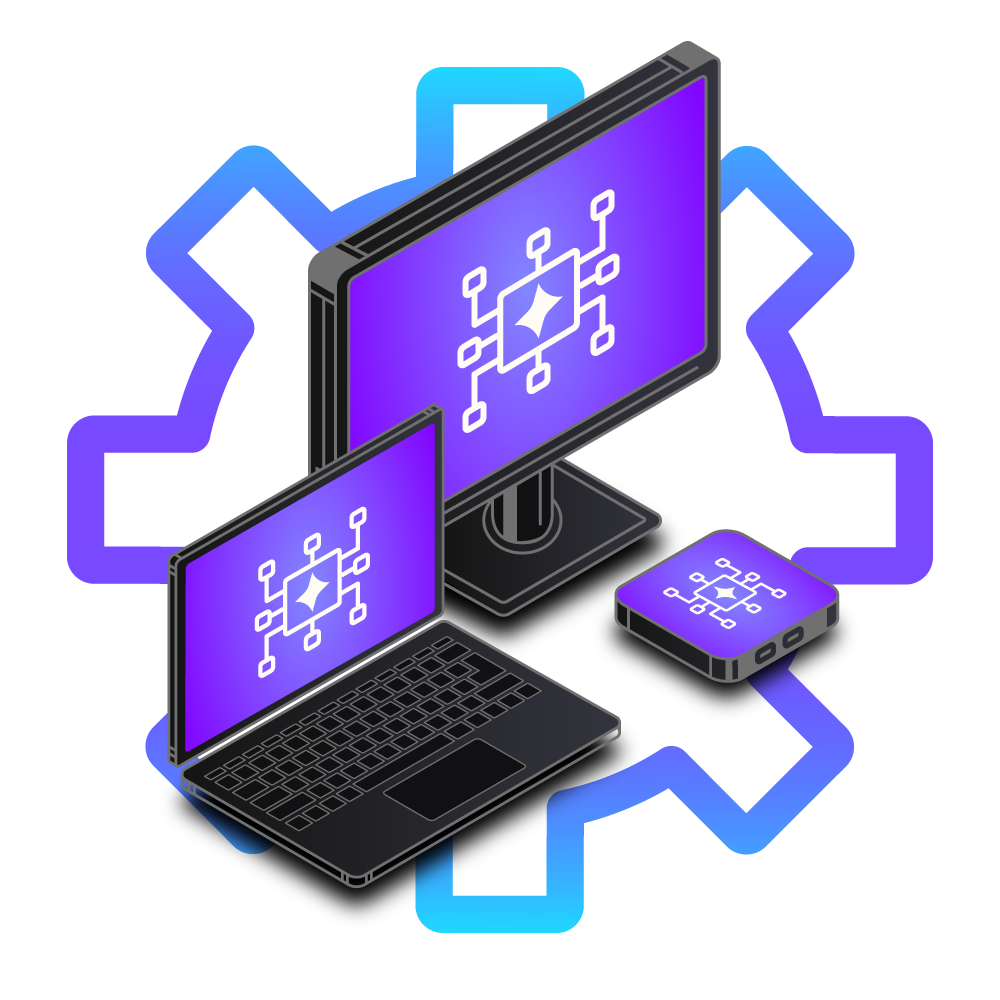 Digital illustration of a laptop, monitor, and smartphone displaying interconnected network icons with a purple and blue color theme.