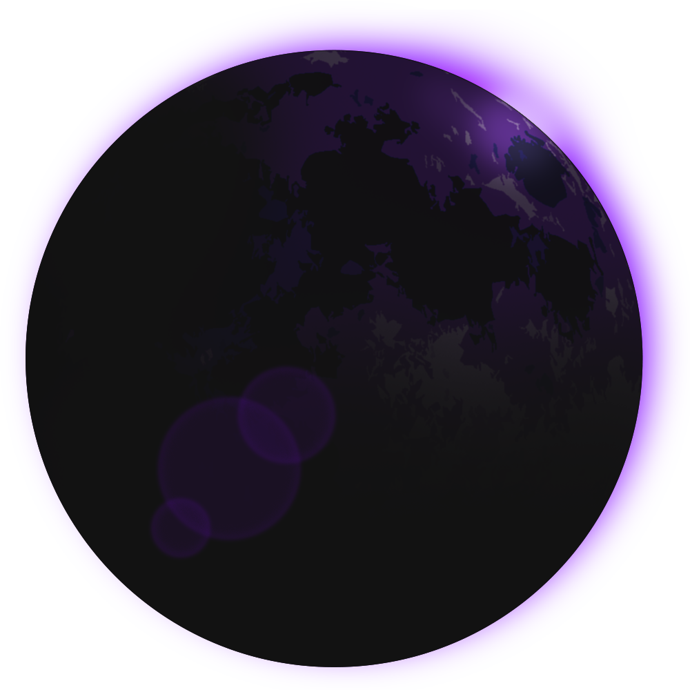 A dark, partial image of a planet with continents visible, surrounded by a purple glow and lens flare effects.