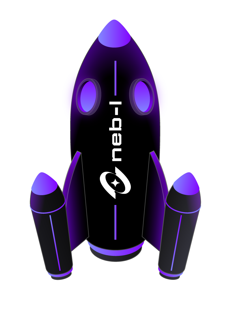 A futuristic black rocket with neon purple and blue accents, and the Nebulogiq logo.