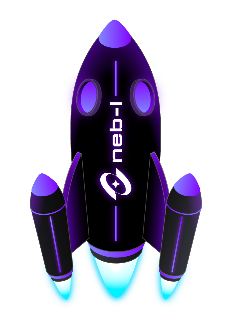 A futuristic black rocket with neon purple and blue accents, blue glowing engine thrusters and the Nebulogiq logo.