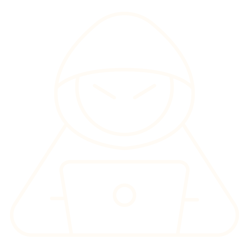 Line drawing of a person wearing a hoodie, sitting in front of a laptop with a focused or sinister expression.