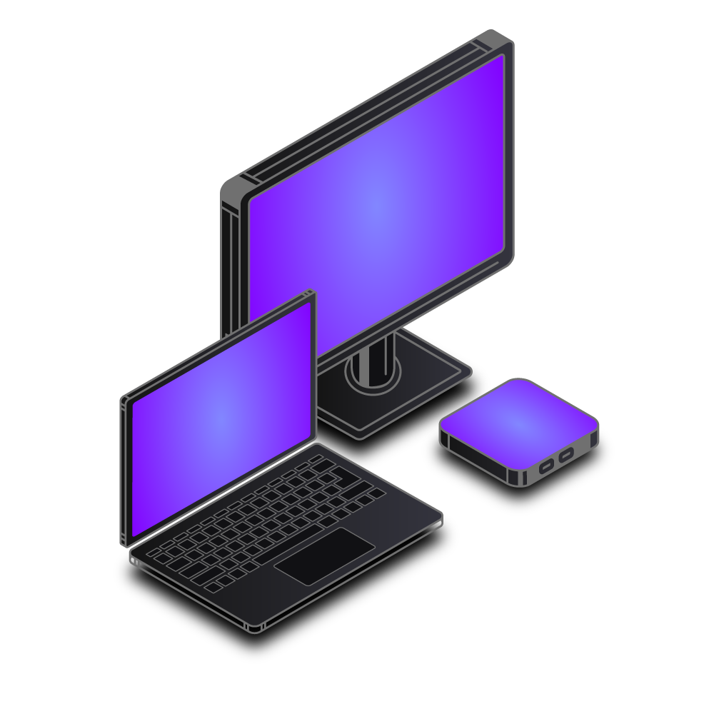 An isometric illustration of a laptop, a computer monitor, a desktop computer, and a small device all with purple screens or displays.