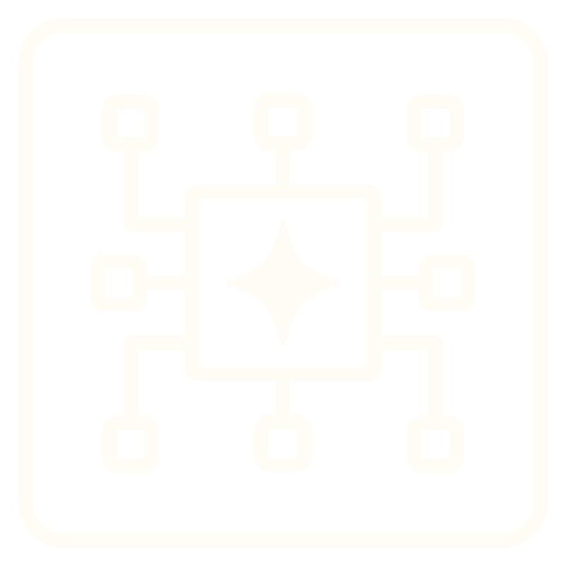 Icon of a microchip with a central diamond shape, connected to multiple circuit lines and small squares, on a black background.