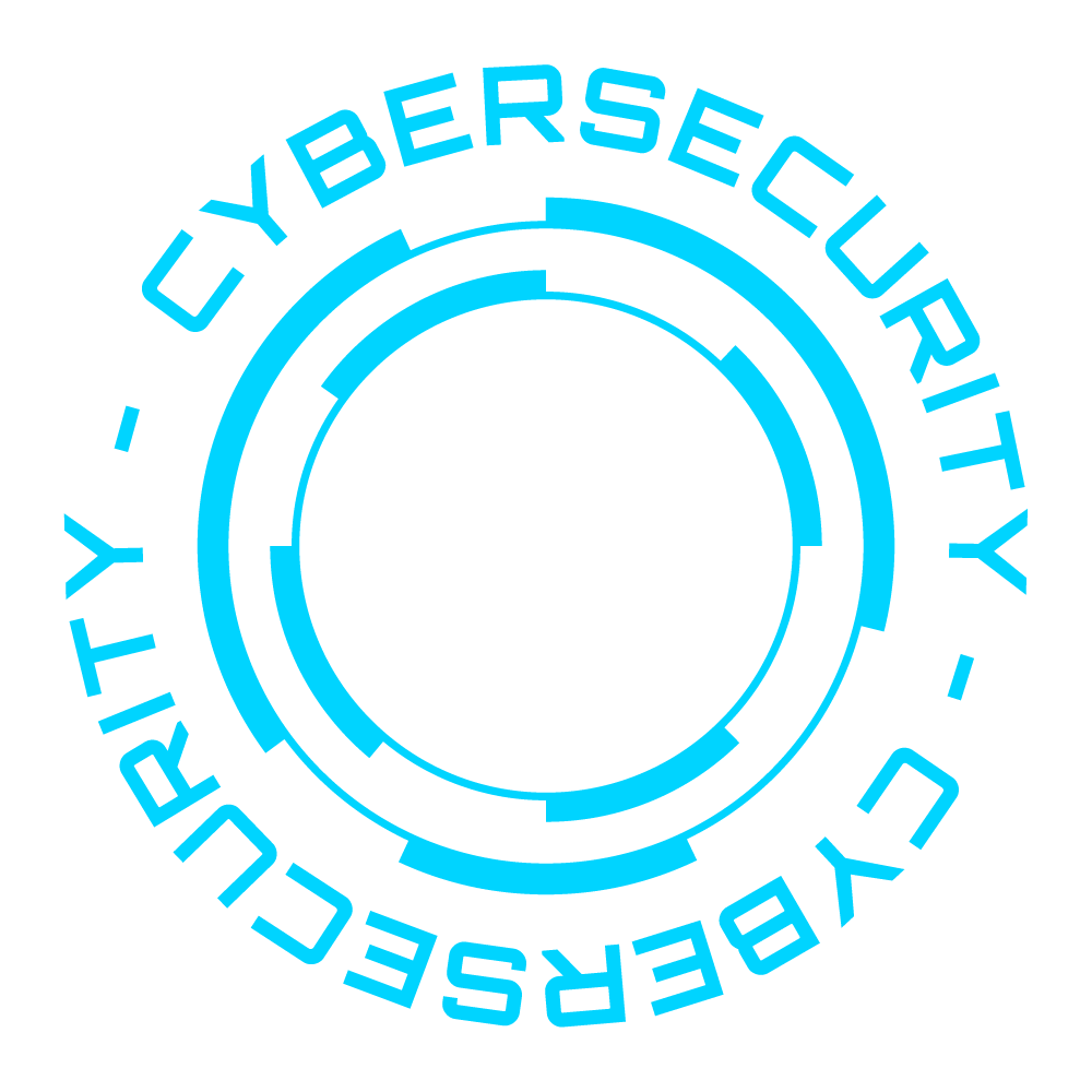 Blue circular graphic with the words 'Cybersecurity' and a central circle on a black background.
