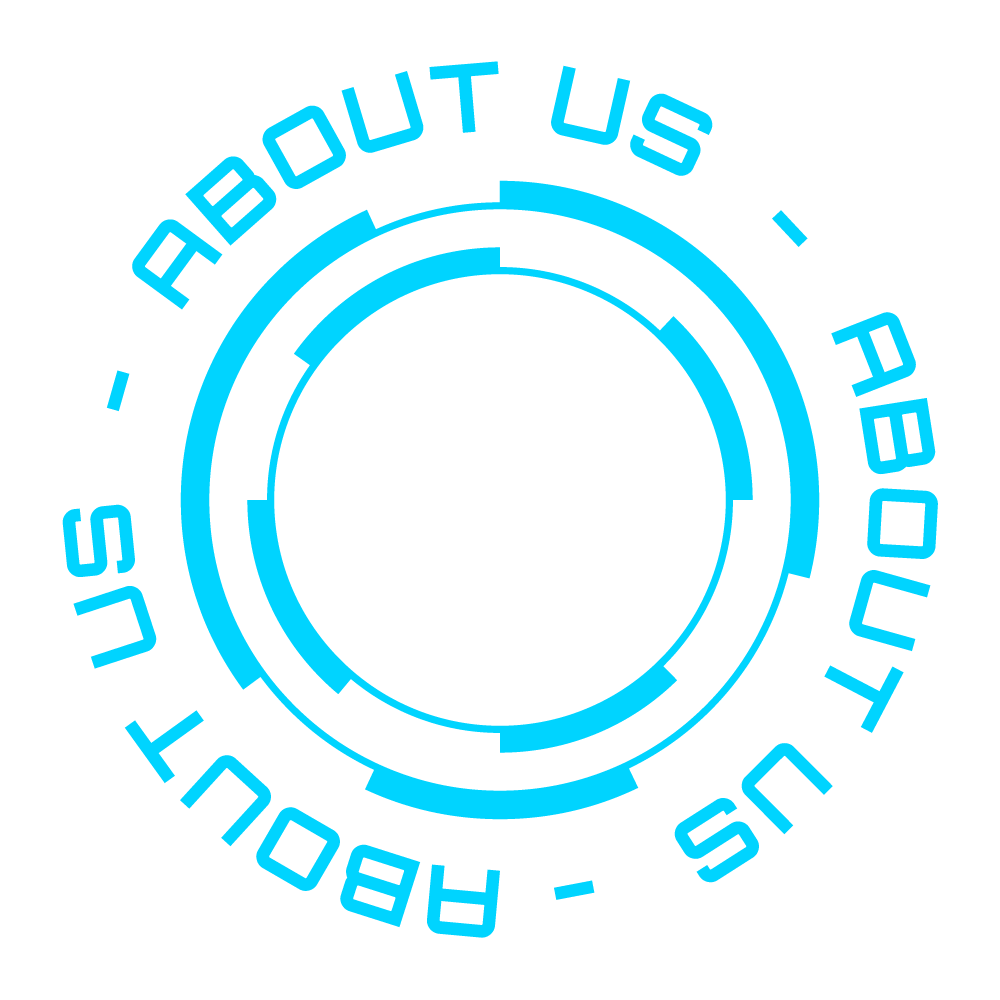 A digital graphic with a circular design featuring blue lines and text that says 'ABOUT US'.