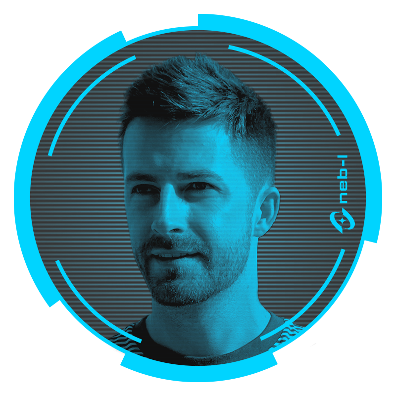 A digital portrait of Craig, a man with short hair and a beard, looking to the side, set against a futuristic, circular, tech-themed background in shades of blue.