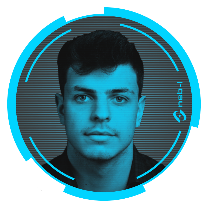 A digital portrait of Myles, a man with short hair, looking straight ahead, set against a futuristic, circular, tech-themed background in shades of blue.