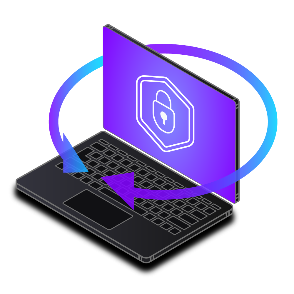 A digital illustration of a laptop with a shield icon on the screen and arrows indicating data security or encryption.
