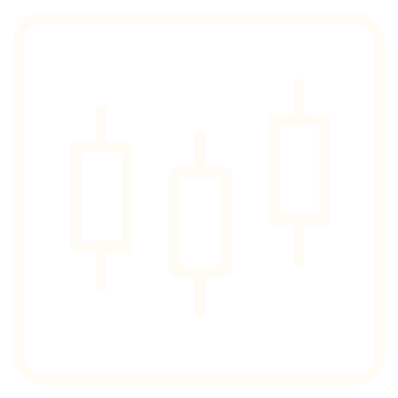 Icon of three vertical candlestick charts, representing stock or financial data.