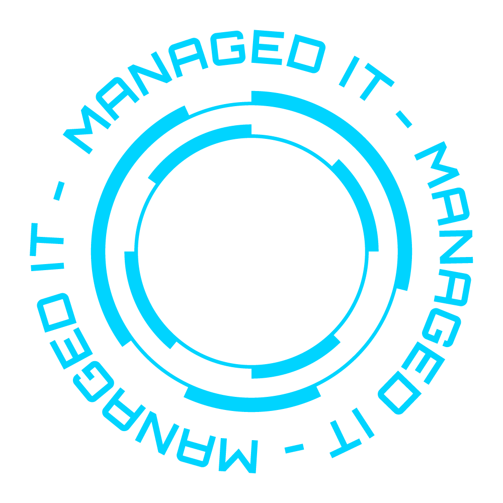 Digital graphic with a circular design and the text "Managing It - Managed It" written around the circle in blue on a black background.