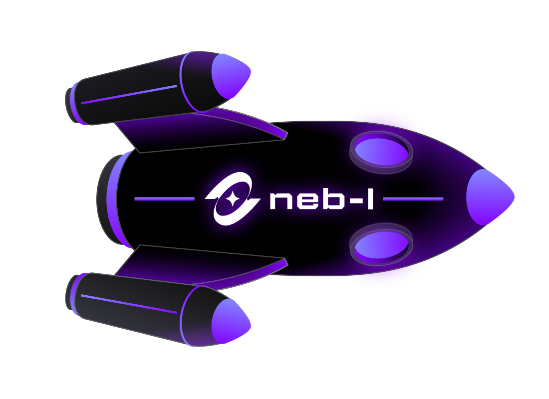 A futuristic spaceship with the logo and name 'neb-1' on its body, glowing in purple and black.