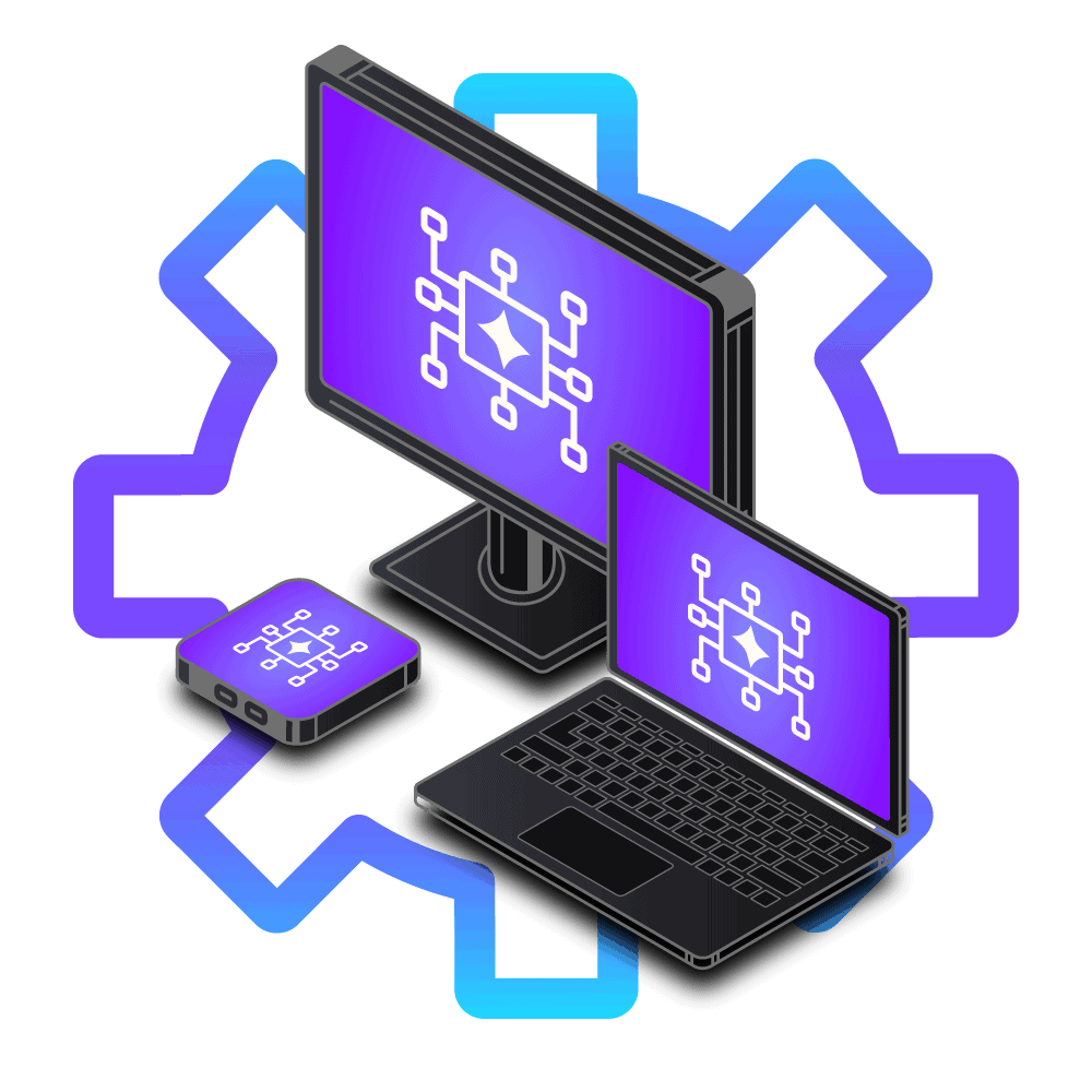 Illustration of a computer monitor, laptop, and smartphone with circuit board graphic on screens, connected by a digital blue gear outline.