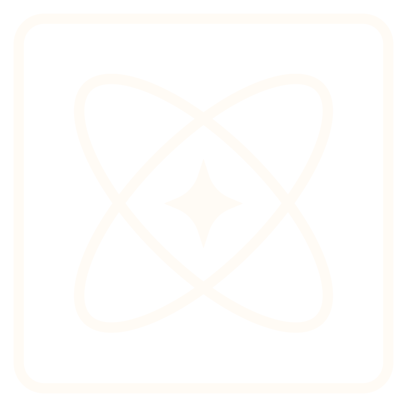 A white square icon with white outlines of an atom and a star in the centre.