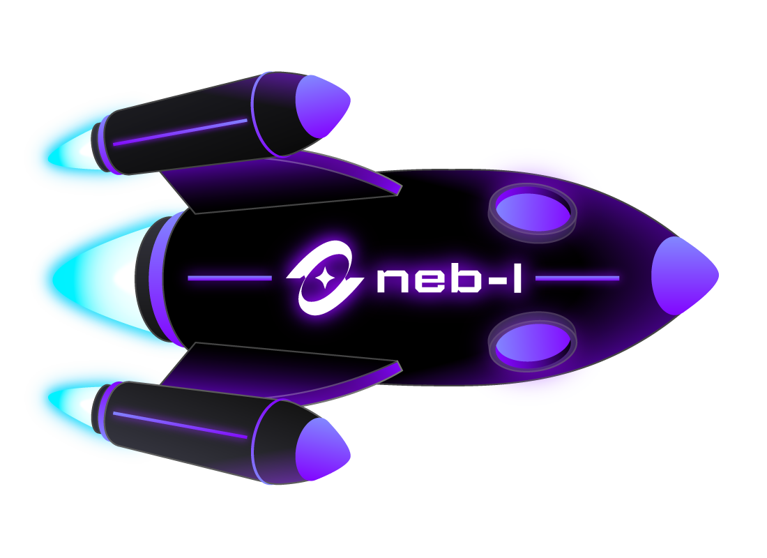 A futuristic spaceship with the 'neb-1' logo emitting blue and purple light beams.