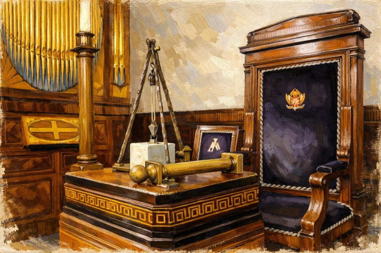 Masonic working tools and lodge items on an officer’s desk — symbols of integrity, respect, and service.