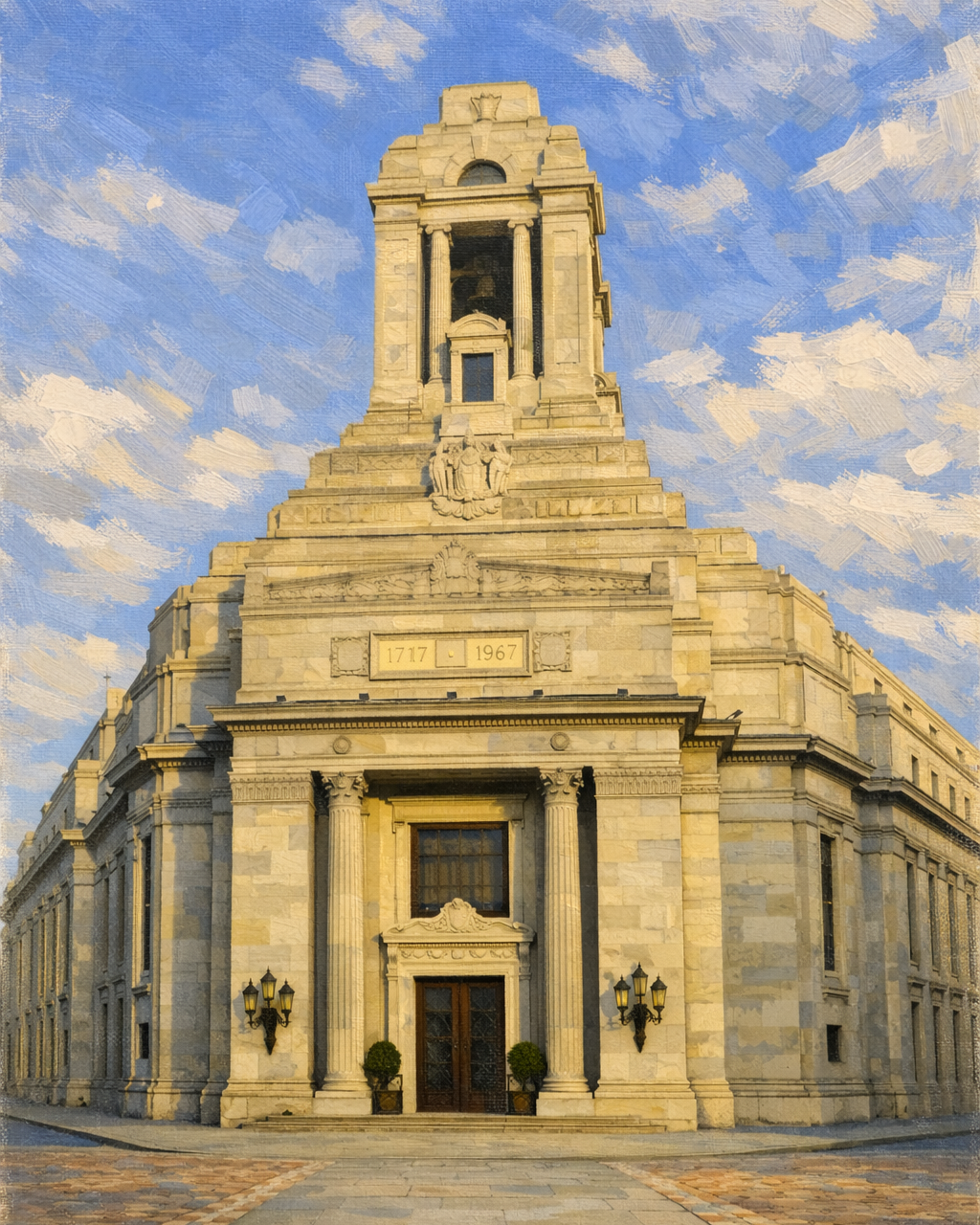 A London Masonic hall with a classical stone façade — where brethren gather for meetings and ceremony.