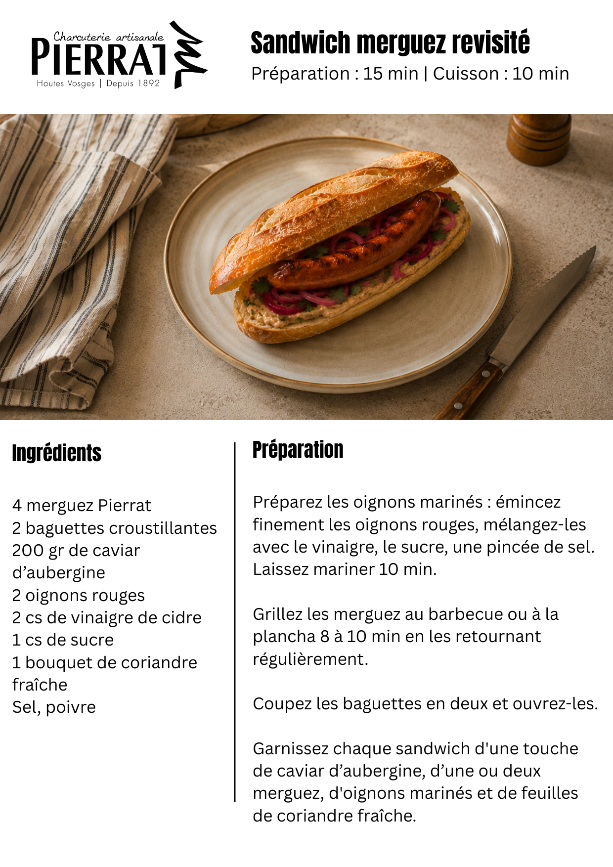 Sandwich merguez Pierrat revisité avec caviar d'aubergine, oignons rouges marinés et coriandre
