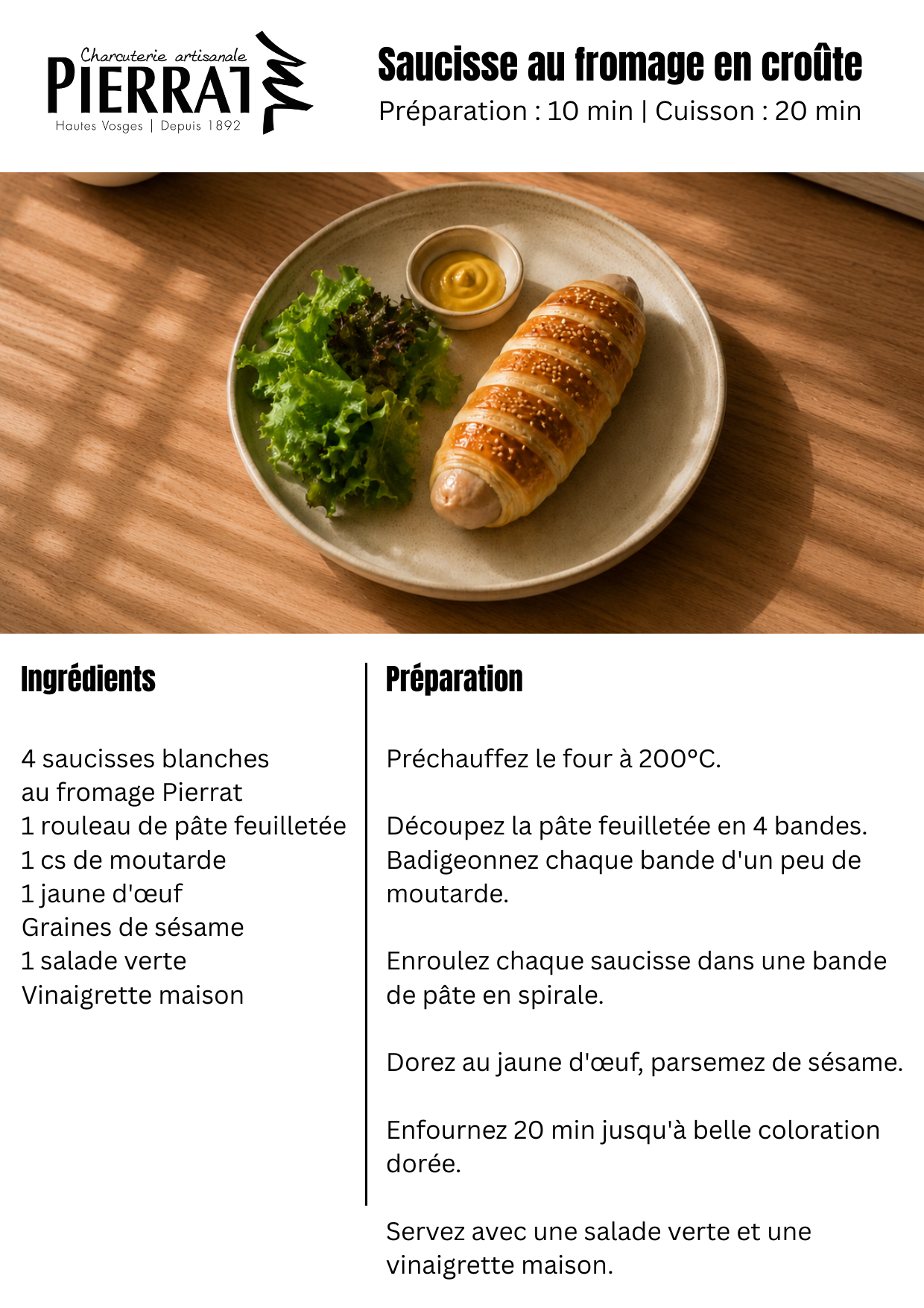 Saucisse au fromage Pierrat en croûte feuilletée dorée au sésame, salade et moutarde