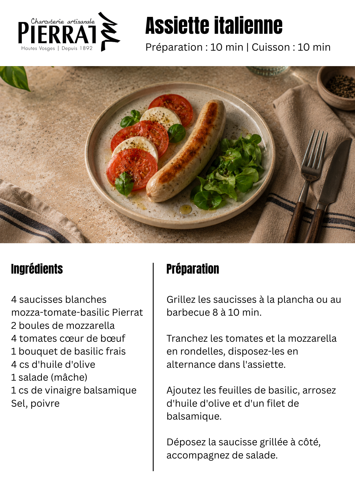 Assiette italienne avec saucisse blanche Pierrat grillée, mozzarella, tomates et basilic