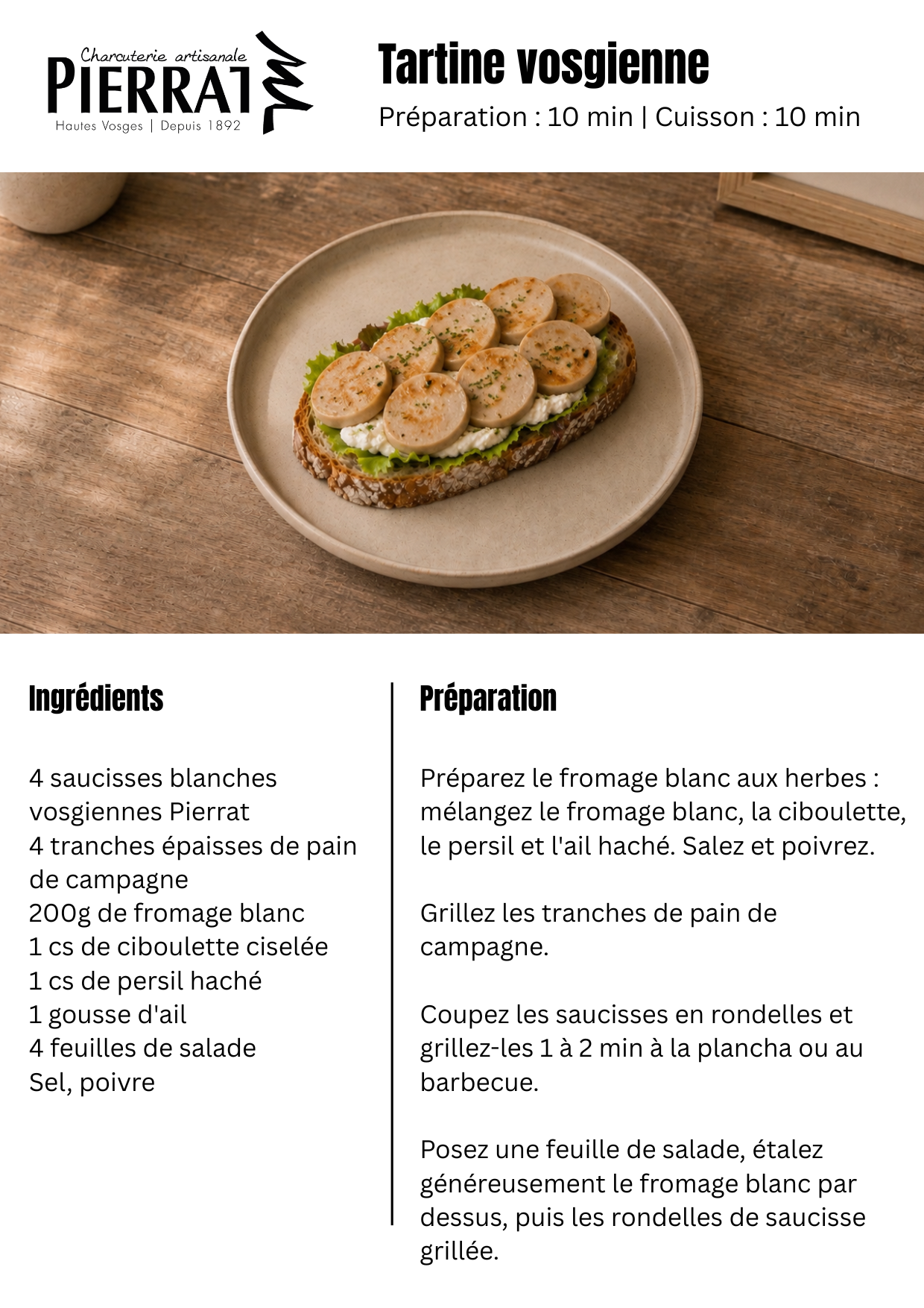 Tartine vosgienne au pain de campagne, fromage blanc aux herbes et saucisse blanche Pierrat