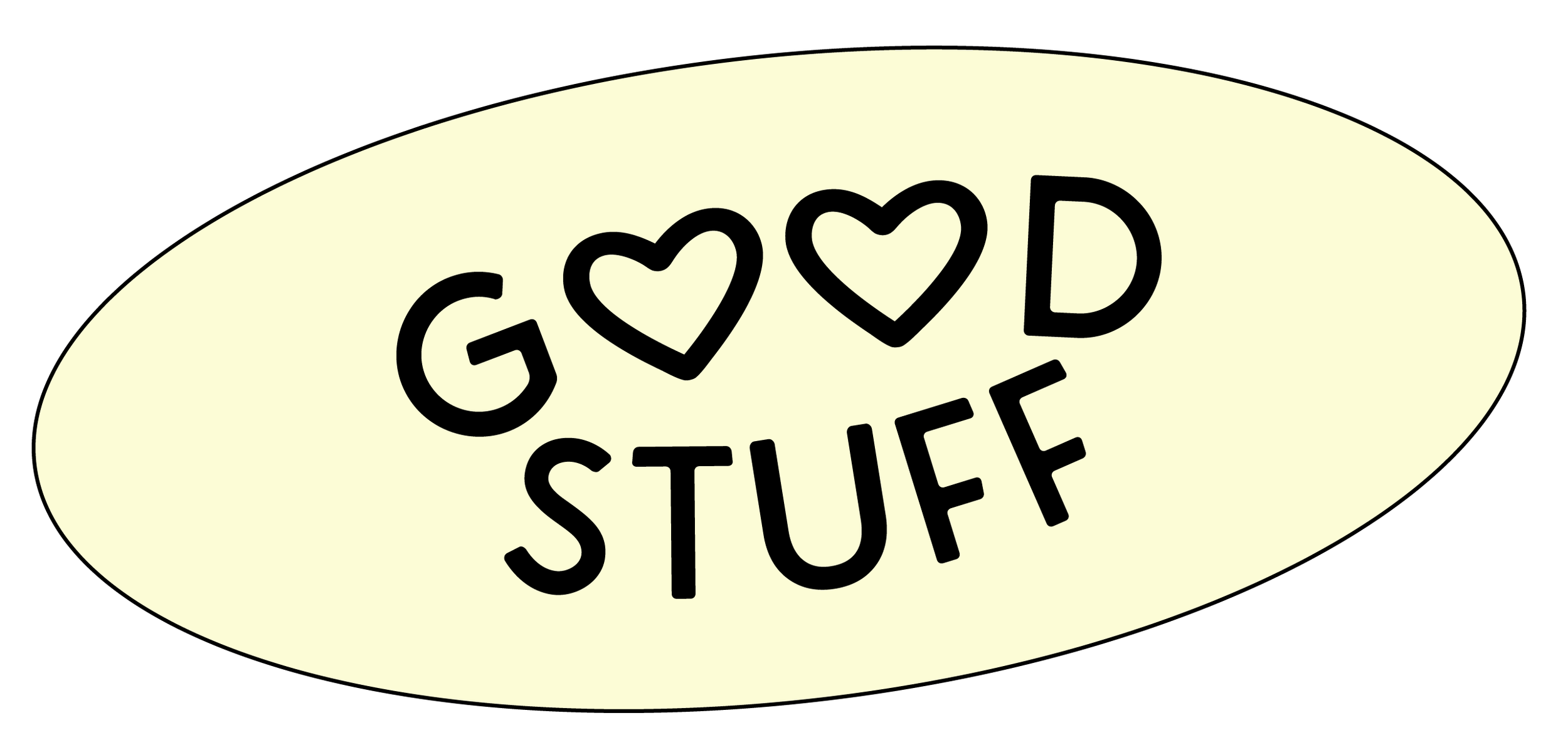 Soikea logo, jossa lukee "Good Stuff". Kaksi sydäntä korvaa O-kirjaimet. Tausta on vaaleankeltainen ja teksti musta.