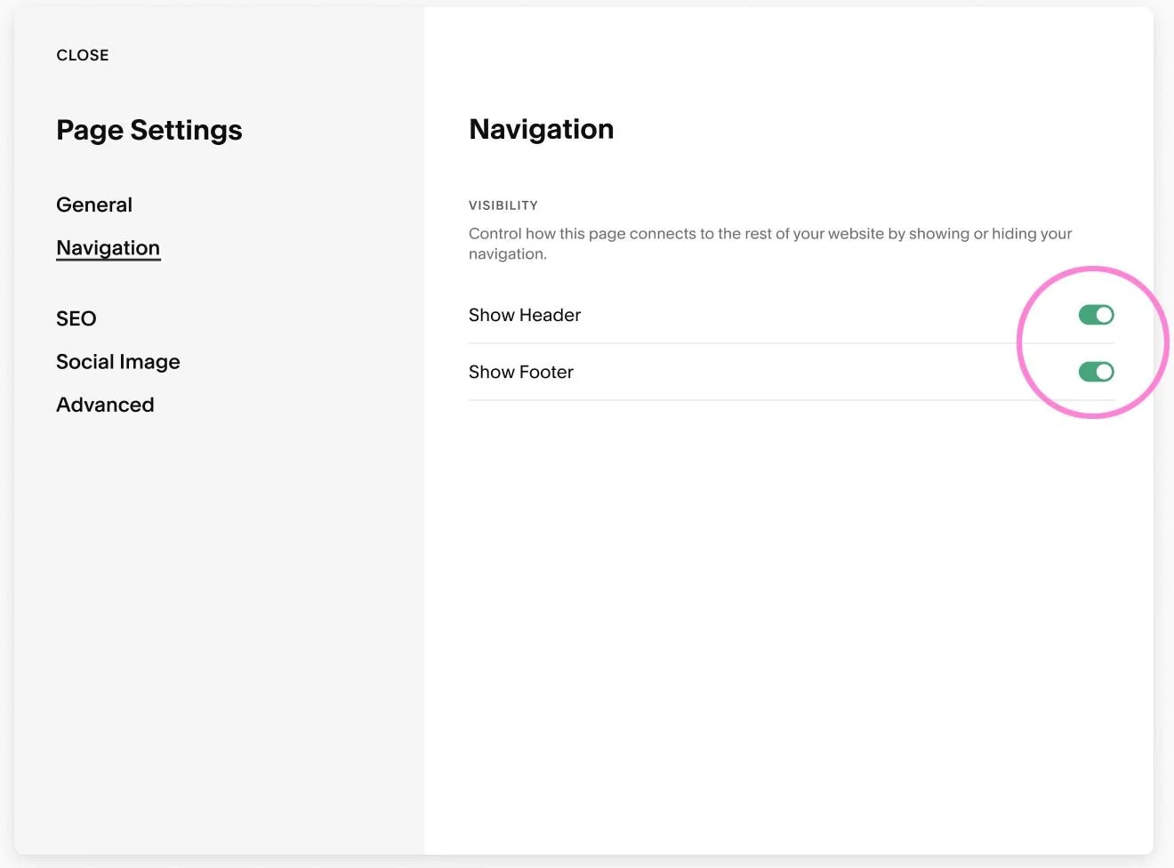 Header ja footer osiot pois näkyvistä yhdeltä sivulta Squarespacessa - ohjekuva 2