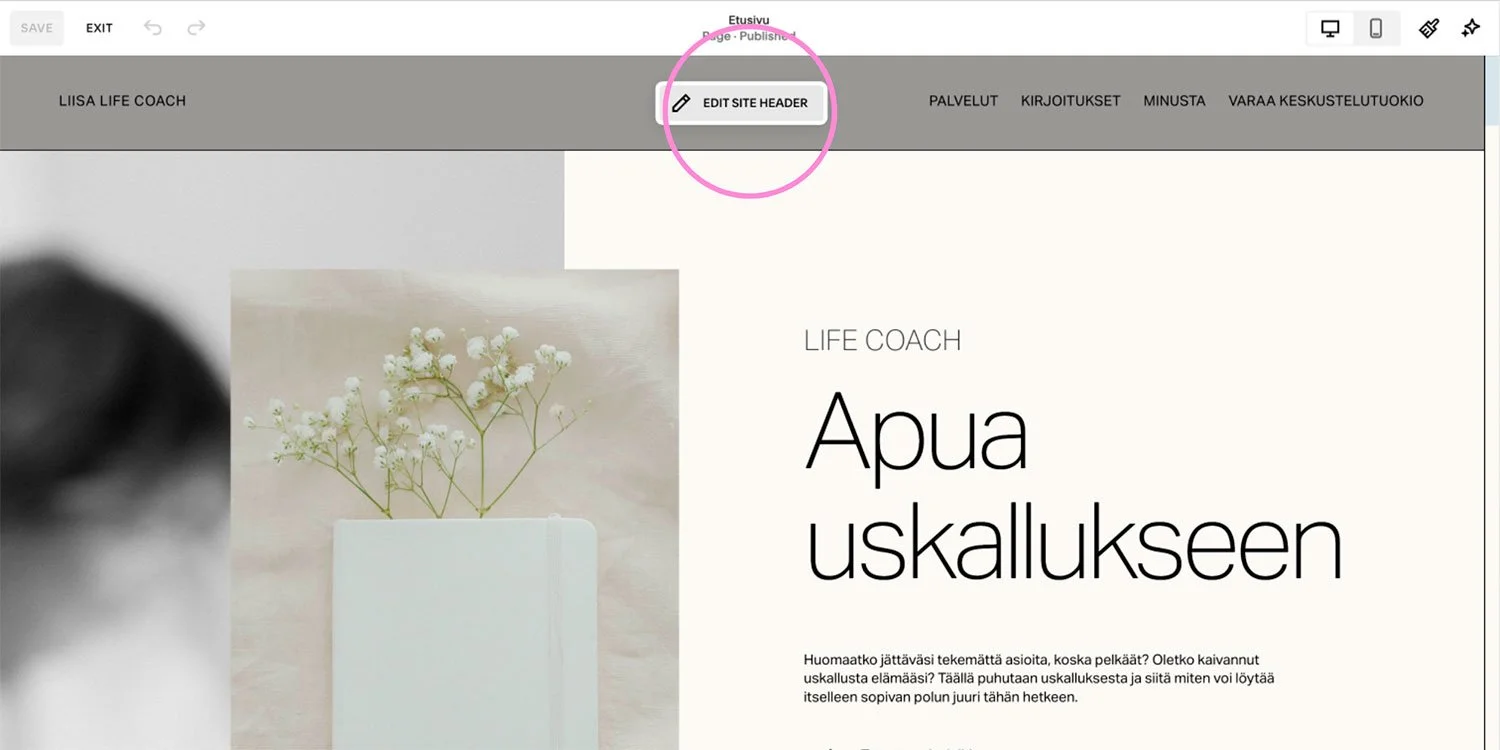 Header alueen muokkaaminen Squarespacessa
