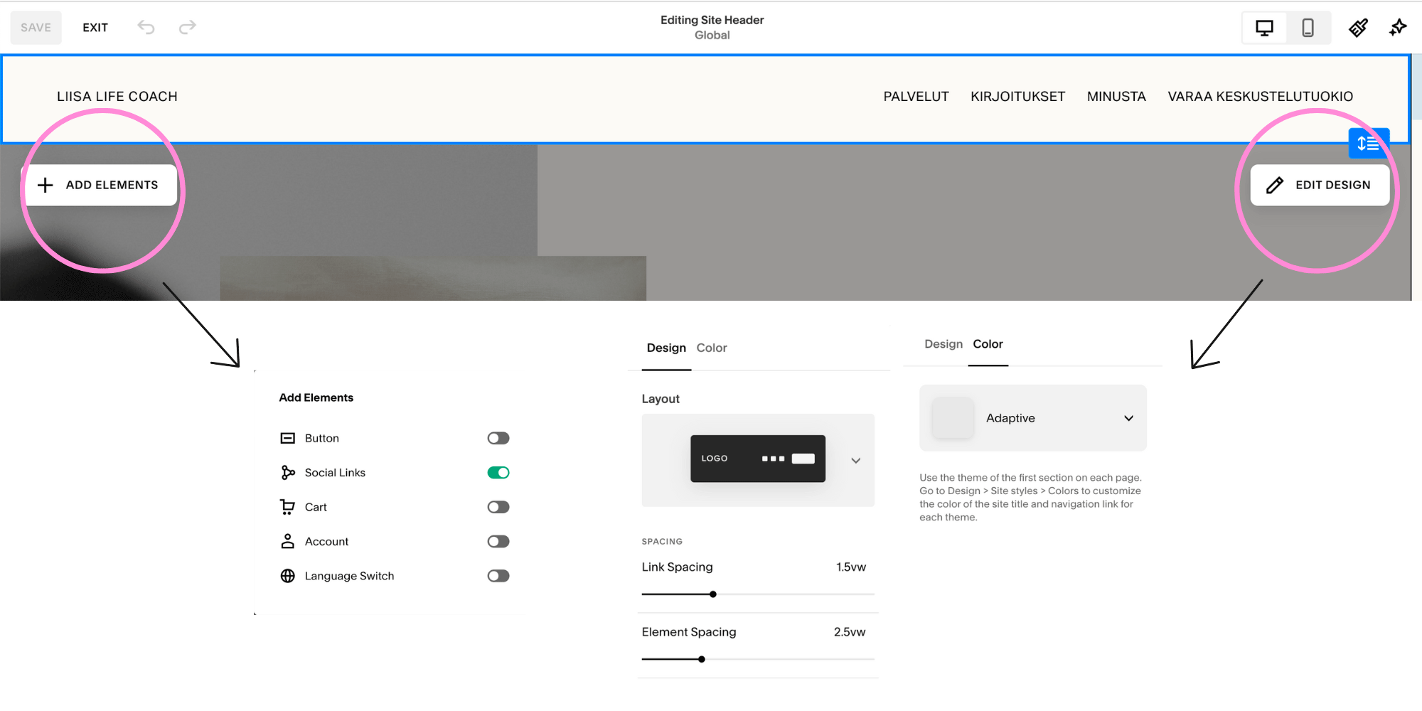Sivuston yläosan muokkaaminen Squarespacessa - kuvaohje