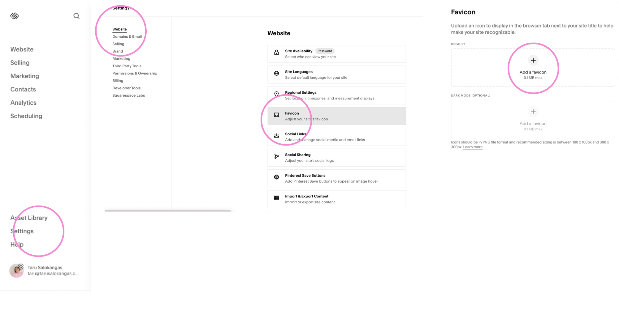 Kuvaohjeet miten lisäät faviconin Squarespacessa