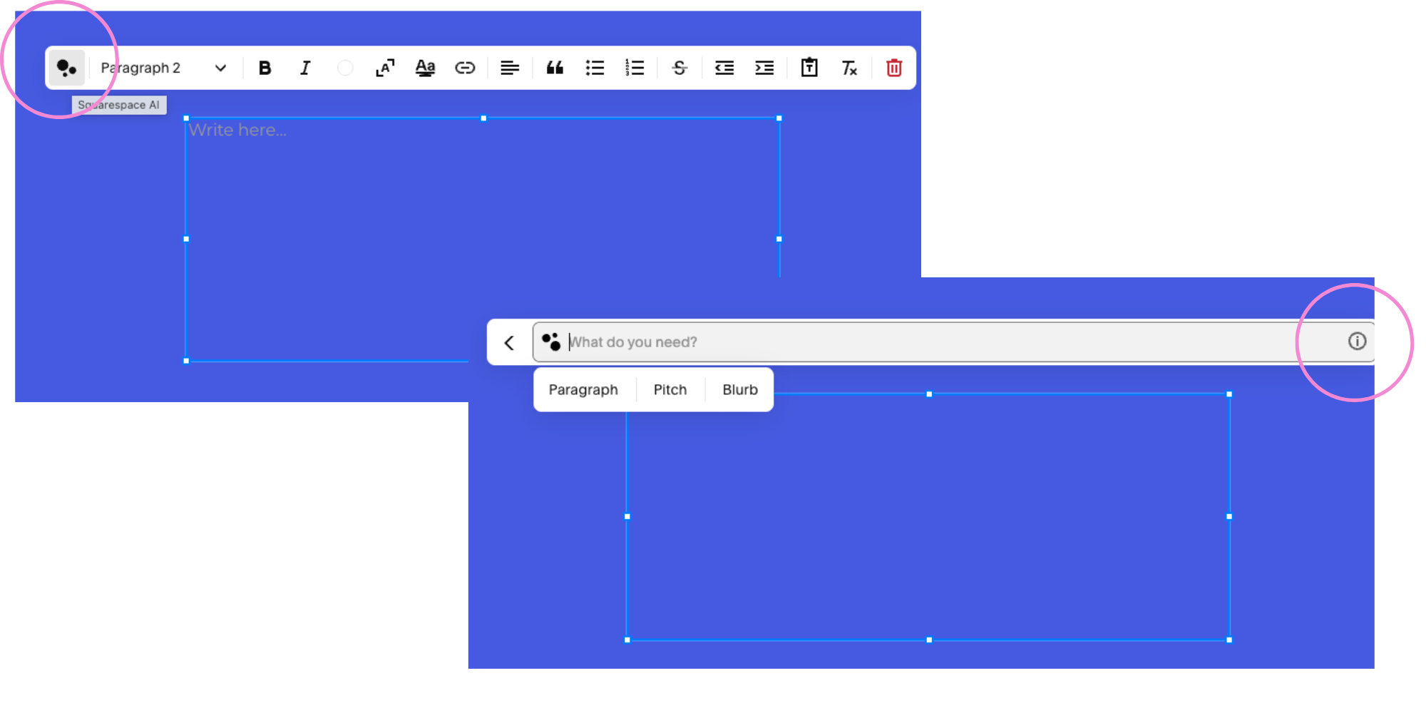 Squarespace editorin tekstikentässä AI työkalun kohdat näytettynä