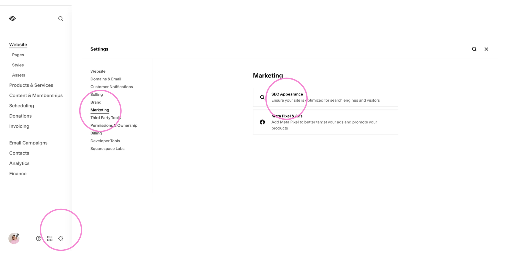 Squarespacen kohdat näytettynä mistä SEO-näkyvyys osio löytyy