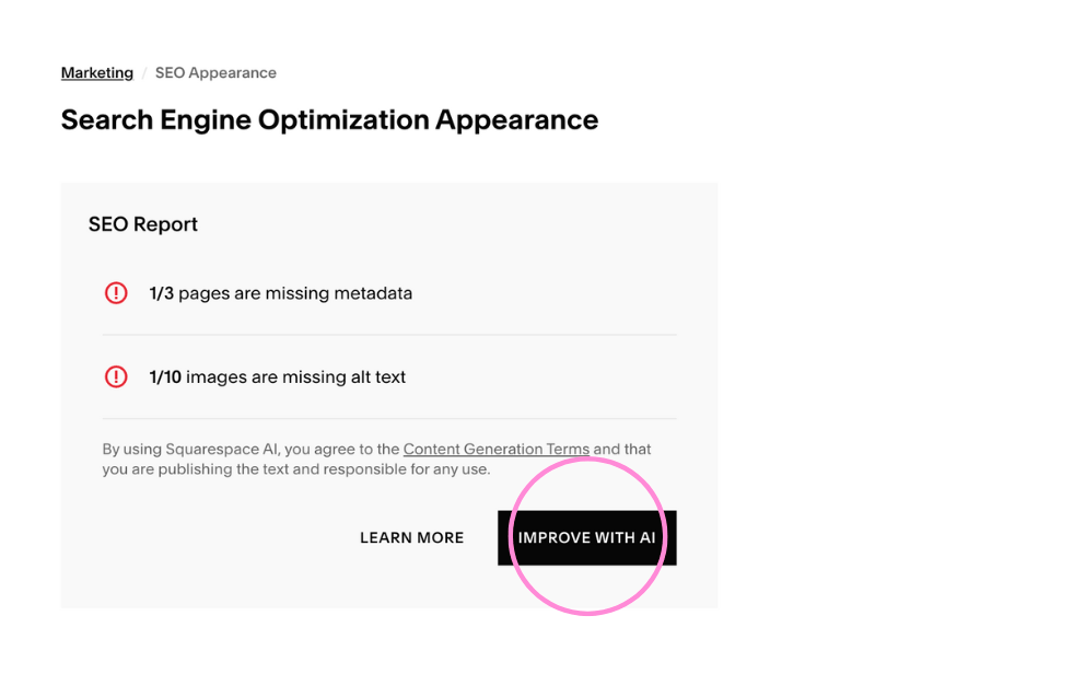Squarespacen SEO työkalun näkymä