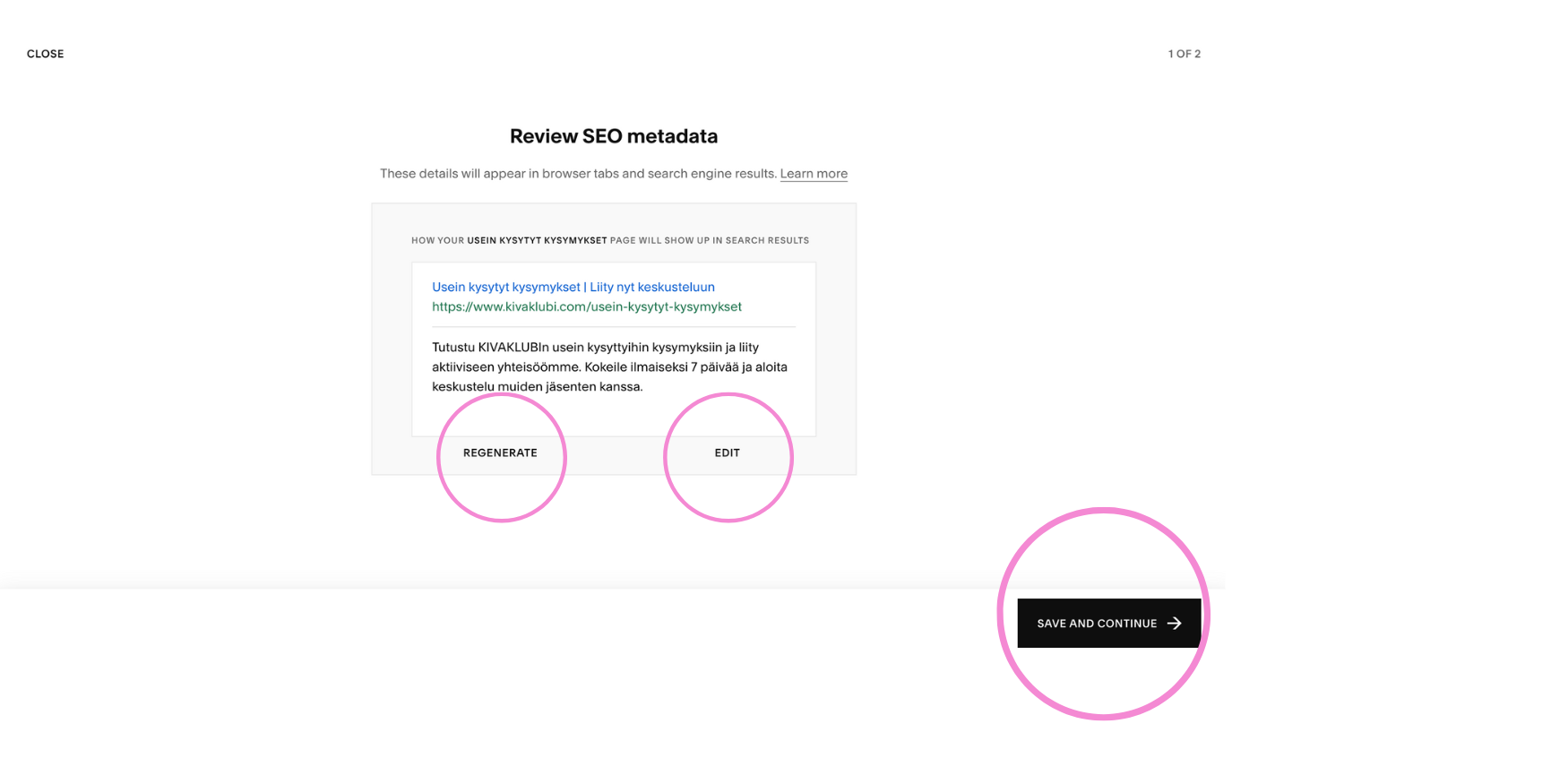 Squarespace SEO työkalun metadata osuuden näkymä