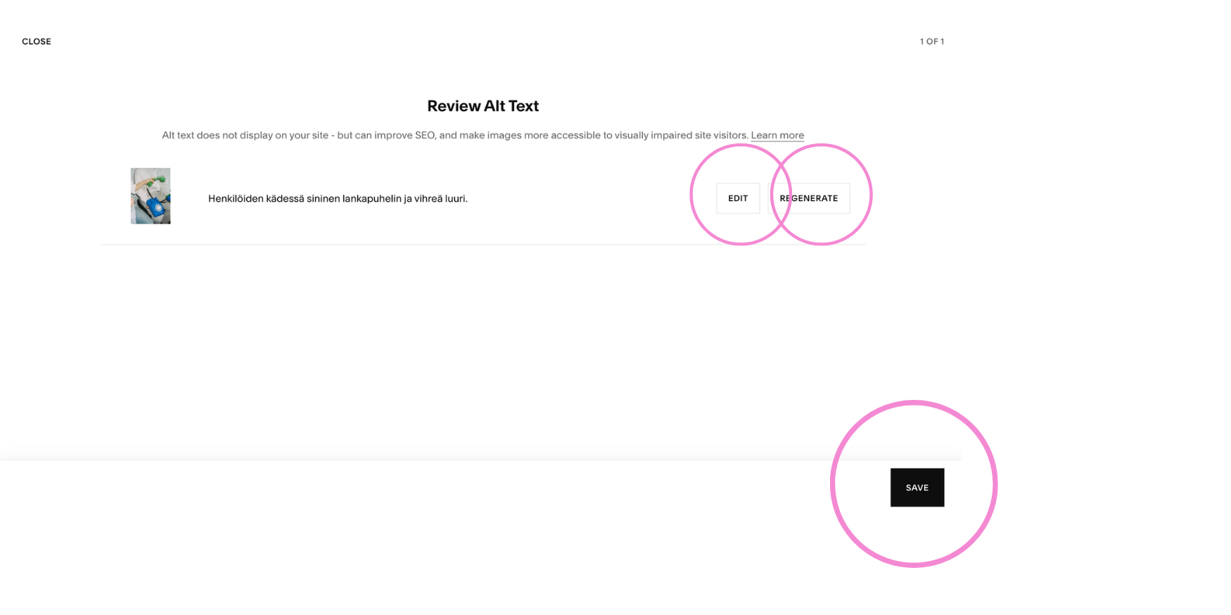 Squarespace SEO työkalun ALT-teksti osuuden näkymä