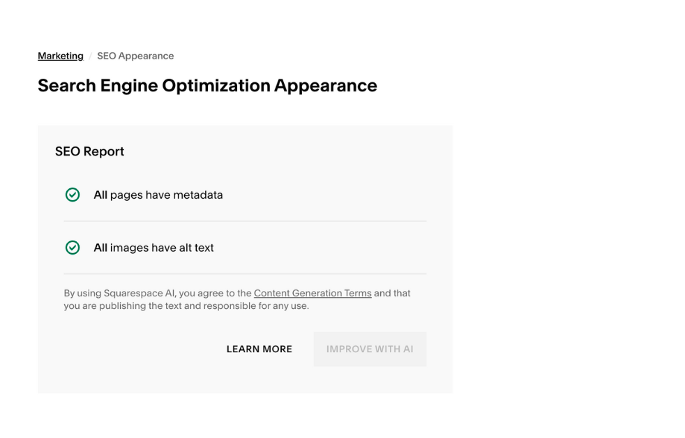 Squarespace SEO työkalun näkymä kun kaikki on valmista