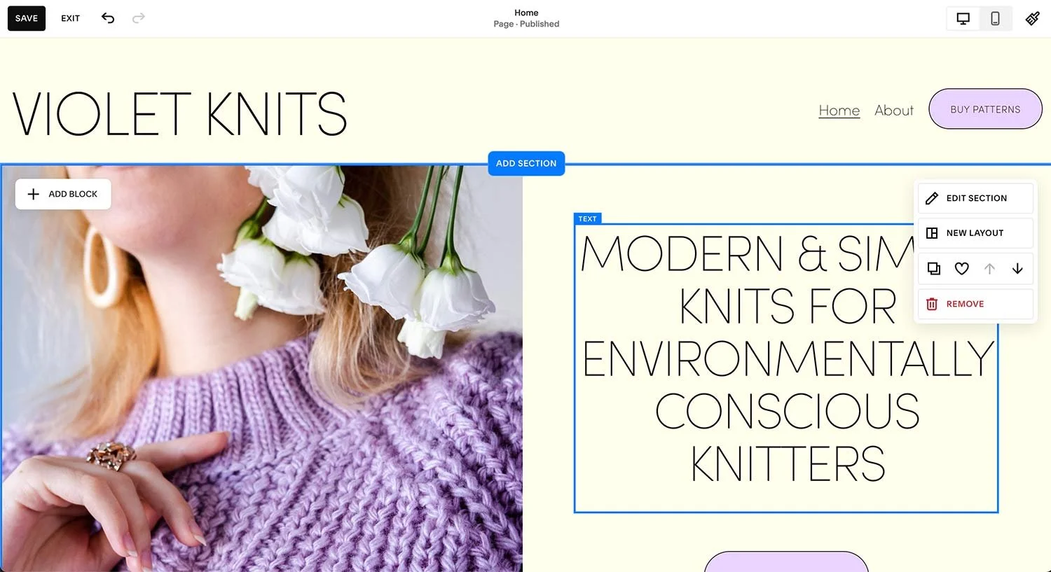 Squarespacessa sivun editointinäkymä