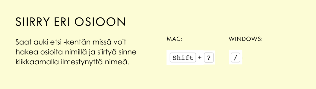 Squarespace pikanäppäimet eri osioon siirtymiselle