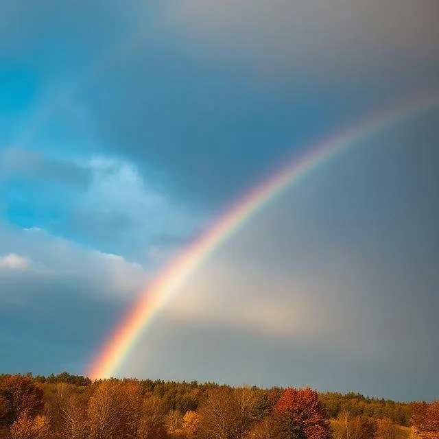 En färgglad regnbåge sträcker sig över en höstskogsmark med träd i röda, orange och gula nyanser under en molnig himmel.