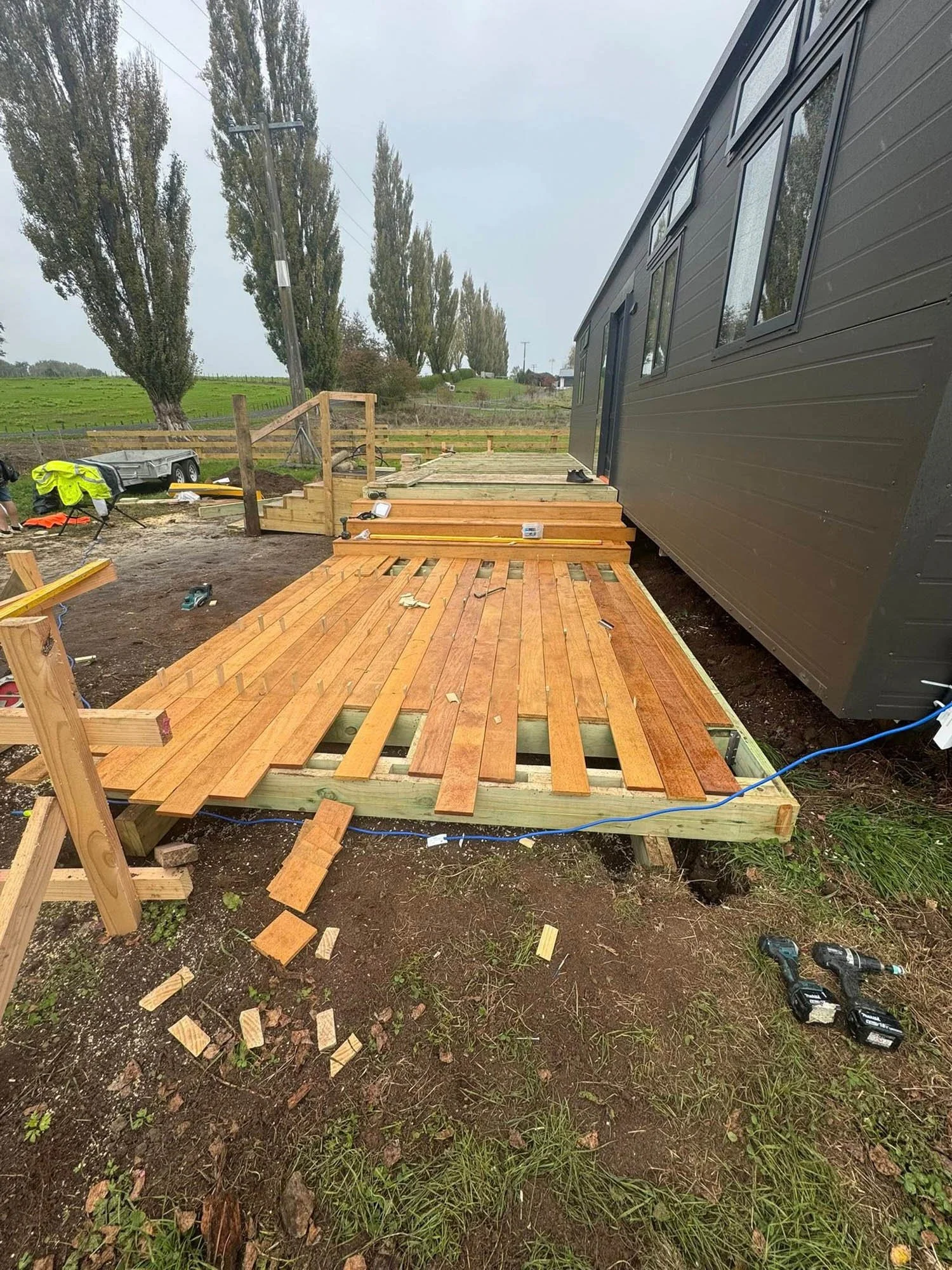 Garapa deck addition project in progress in rural Waikato by Norsewood Builders