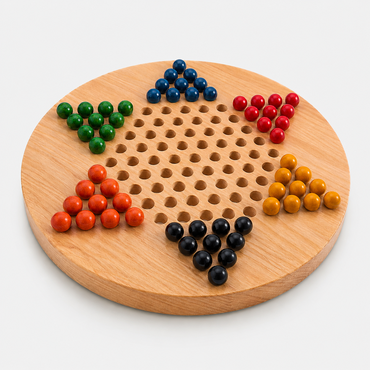 Plateau de jeu de stratégie avec 8 groupes de billes colorées (bleu, vert, rouge, orange, noir, jaune) entourant un plateau en bois avec des trous.